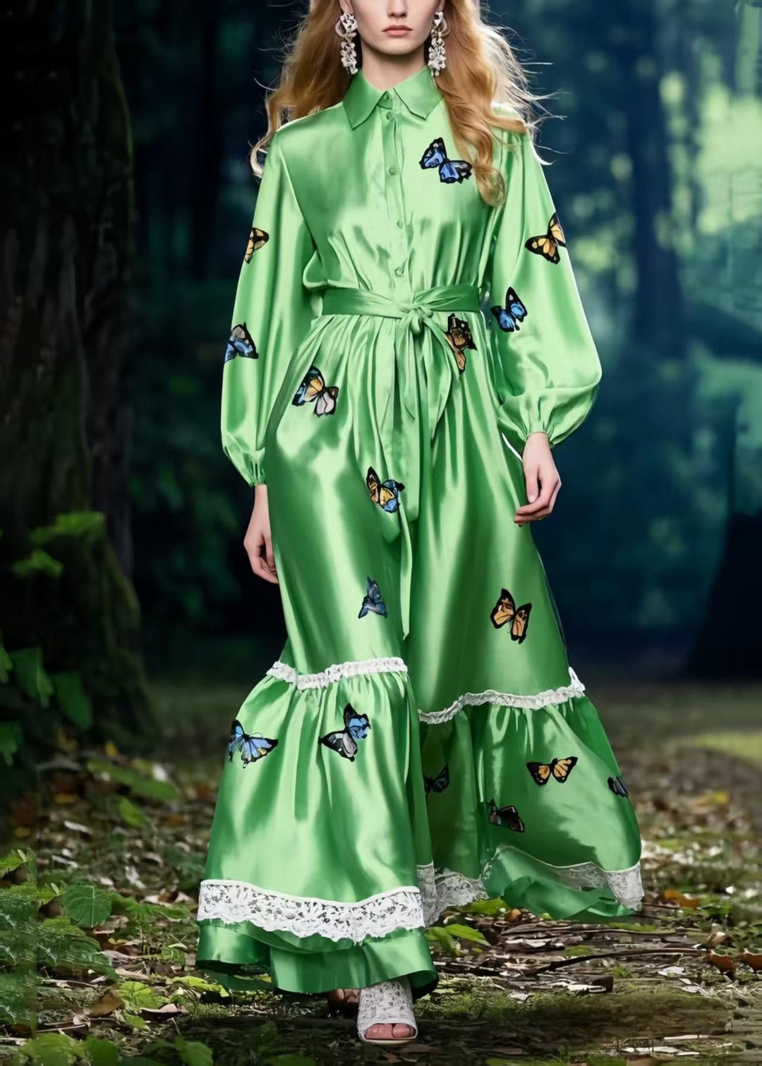 Boho Polychrome Butterfly Patchwork Lace Silk Tunic Dress Spring