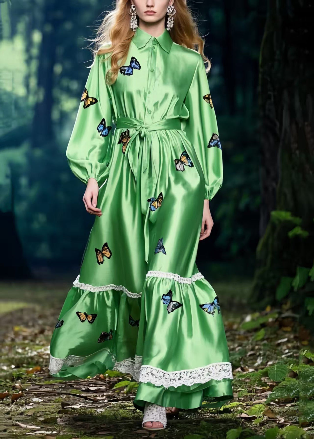 Boho Polychrome Butterfly Patchwork Lace Silk Tunic Dress Spring