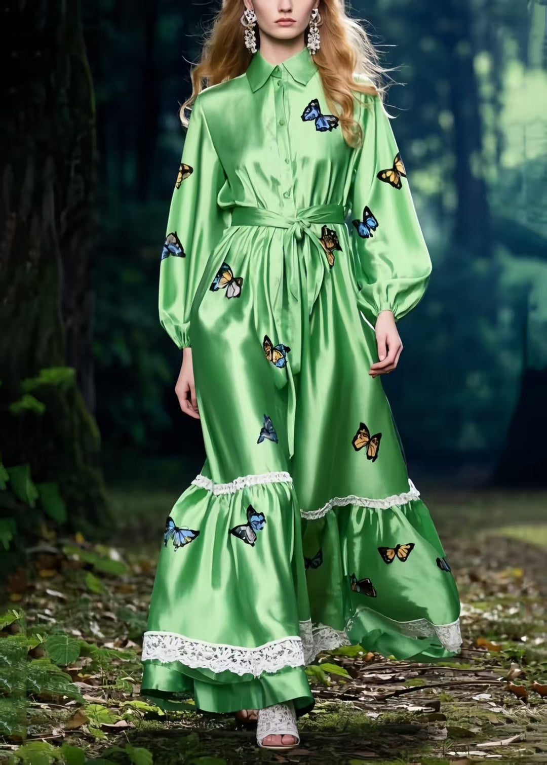 Boho Polychrome Butterfly Patchwork Lace Silk Tunic Dress Spring