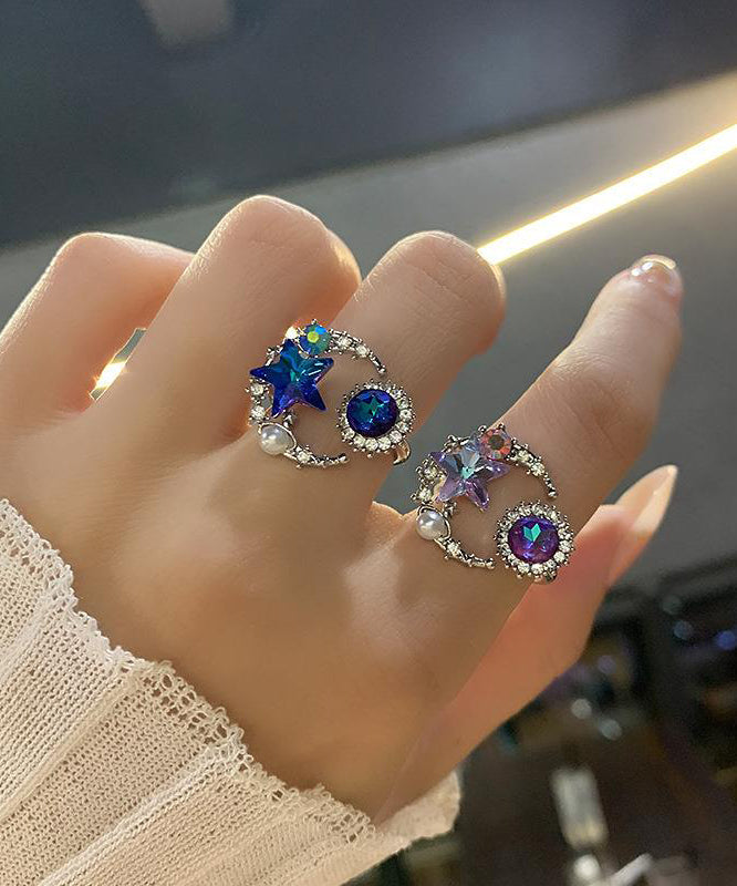 Boho Purple Copper Zircon Pearl Star Moon Rings