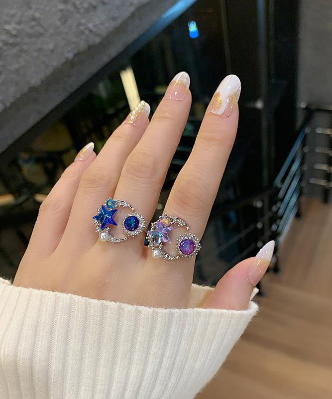 Boho Purple Copper Zircon Pearl Star Moon Rings