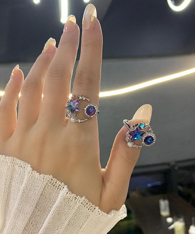 Boho Purple Copper Zircon Pearl Star Moon Rings