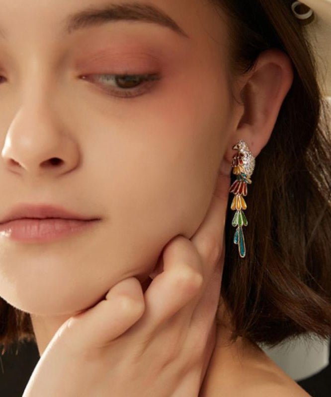 Boho Rainbow Copper Overgild Zircon Parrot Tassel Drop Earrings
