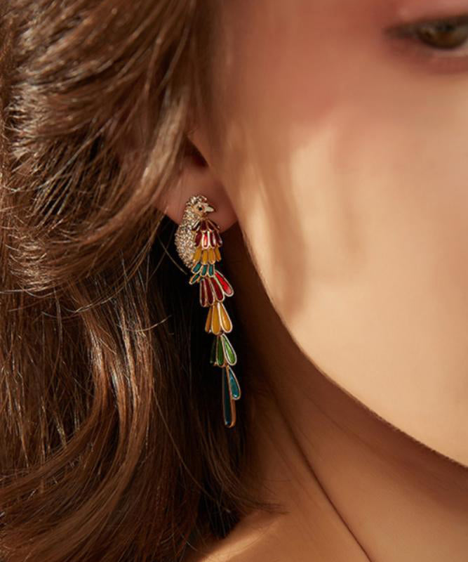 Boho Rainbow Copper Overgild Zircon Parrot Tassel Drop Earrings