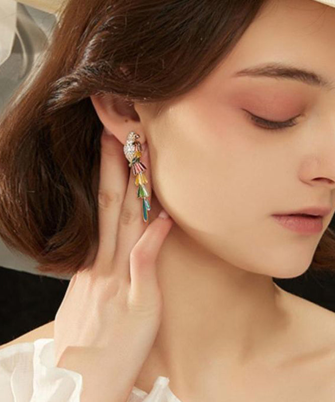 Boho Rainbow Copper Overgild Zircon Parrot Tassel Drop Earrings