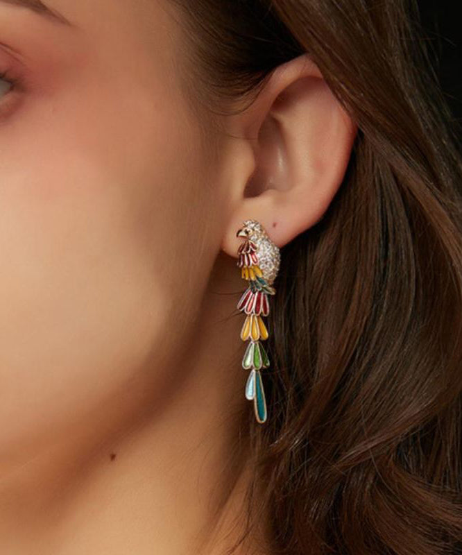 Boho Rainbow Copper Overgild Zircon Parrot Tassel Drop Earrings