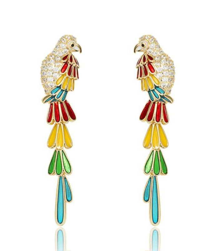 Boho Rainbow Copper Overgild Zircon Parrot Tassel Drop Earrings