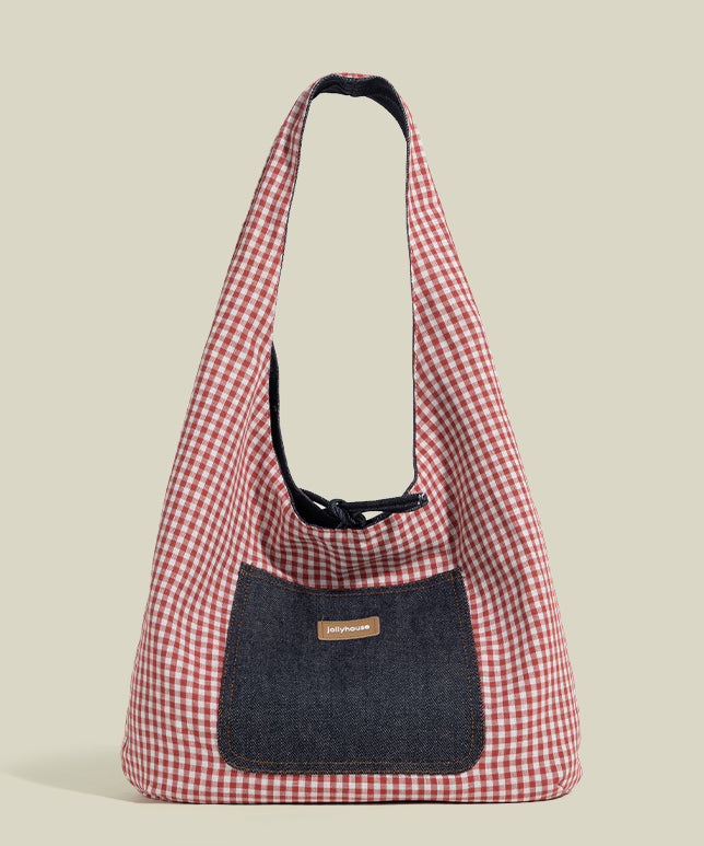 Boho Red Plaid Patchwork Large Capacity Canvas Satchel Handbag