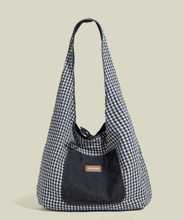 Boho Red Plaid Patchwork Large Capacity Canvas Satchel Handbag