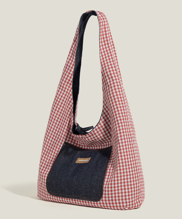 Boho Red Plaid Patchwork Large Capacity Canvas Satchel Handbag