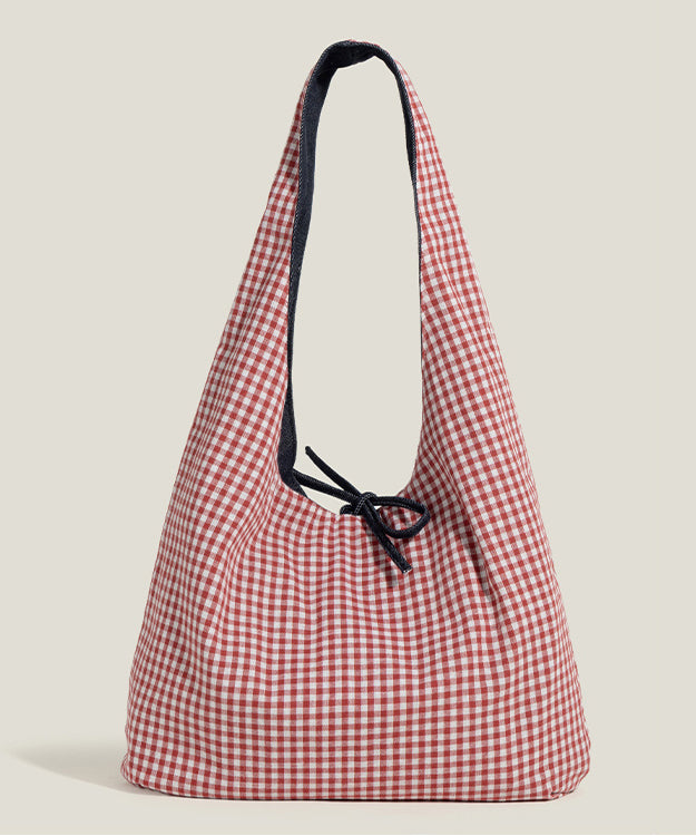 Boho Red Plaid Patchwork Large Capacity Canvas Satchel Handbag