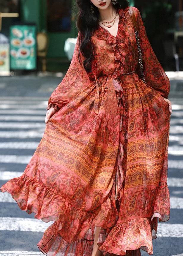 Boho Red V Neck Ruffled Print Silk Robe Dresses Spring