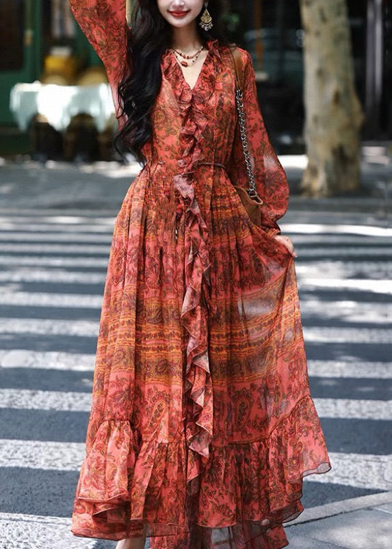 Boho Red V Neck Ruffled Print Silk Robe Dresses Spring