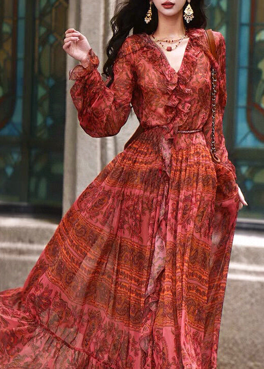 Boho Red V Neck Ruffled Print Silk Robe Dresses Spring