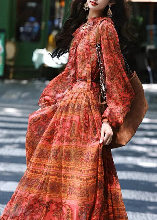 Boho Red V Neck Ruffled Print Silk Robe Dresses Spring