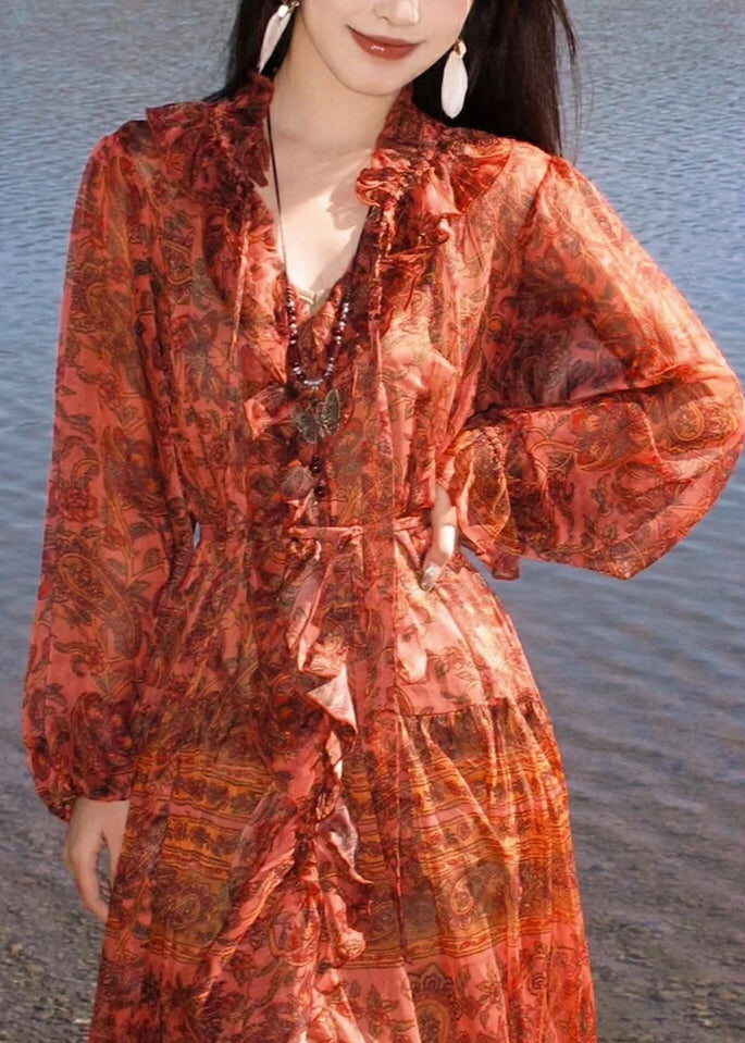 Boho Red V Neck Ruffled Print Silk Robe Dresses Spring
