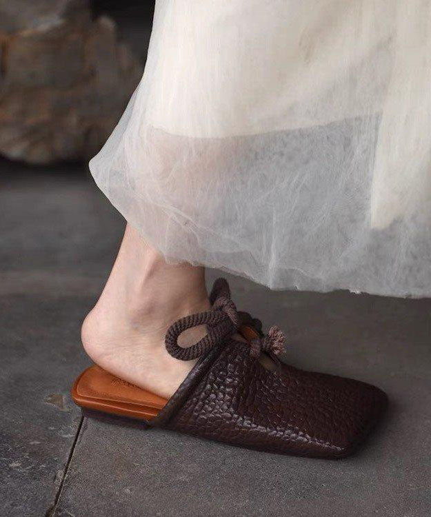 Boho Splicing Brown Faux Leather Slide Sandals Lace Up