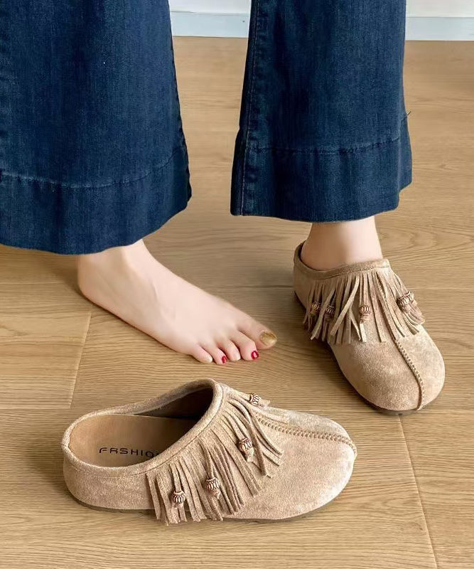 Boho Tassel Splicing Wedge Khaki Suede Slide Sandals