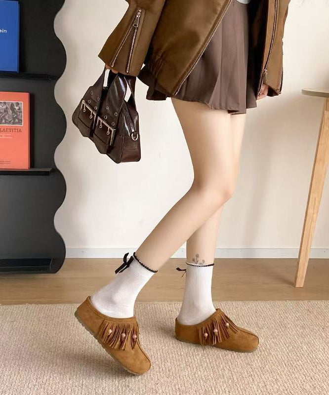 Boho Tassel Splicing Wedge Khaki Suede Slide Sandals