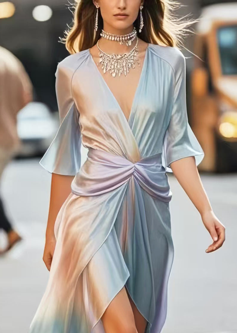 Boho Tie Dye Draping Silk Cinched Dress Summer