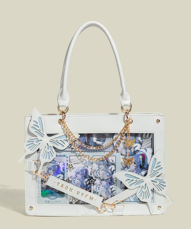 Boho White Butterfly Chain Linked Faux Leather Tote Handbag