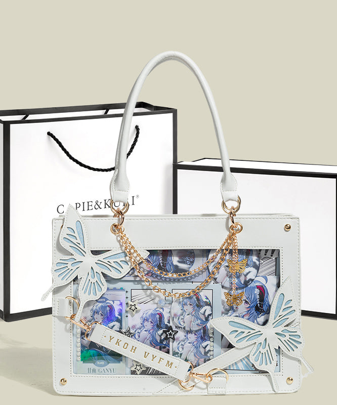 Boho White Butterfly Chain Linked Faux Leather Tote Handbag