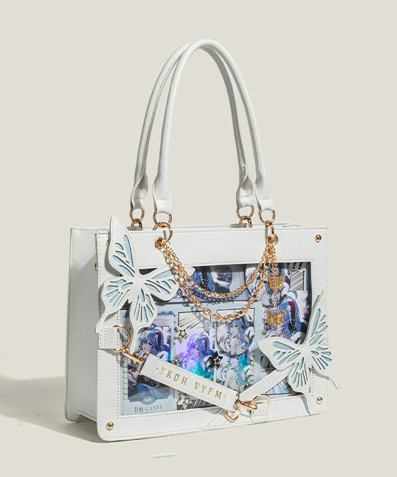 Boho White Butterfly Chain Linked Faux Leather Tote Handbag