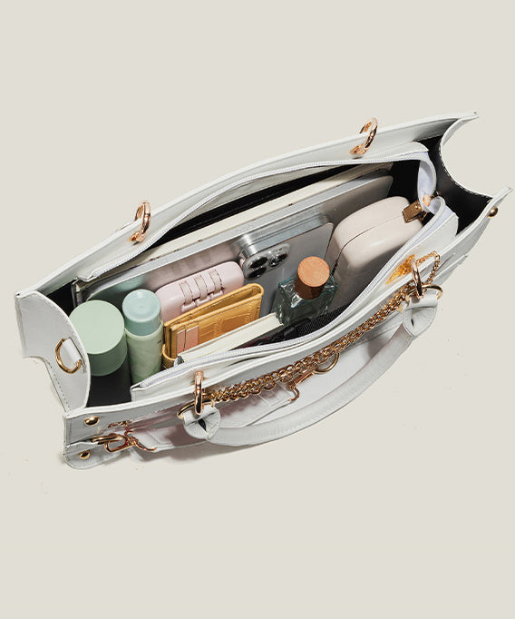 Boho White Butterfly Chain Linked Faux Leather Tote Handbag