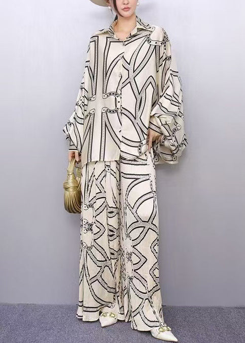 Boho White Oversized Print Silk Two Piece Set Outfits Batwing Sleeve