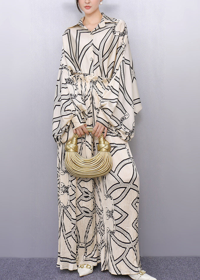 Boho White Oversized Print Silk Two Piece Set Outfits Batwing Sleeve