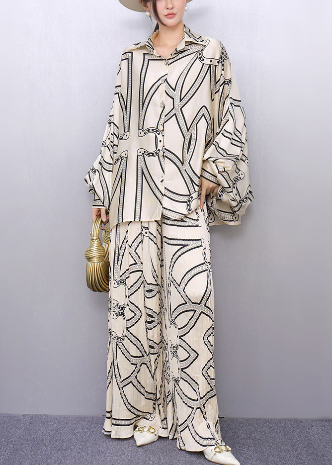 Boho White Oversized Print Silk Two Piece Set Outfits Batwing Sleeve