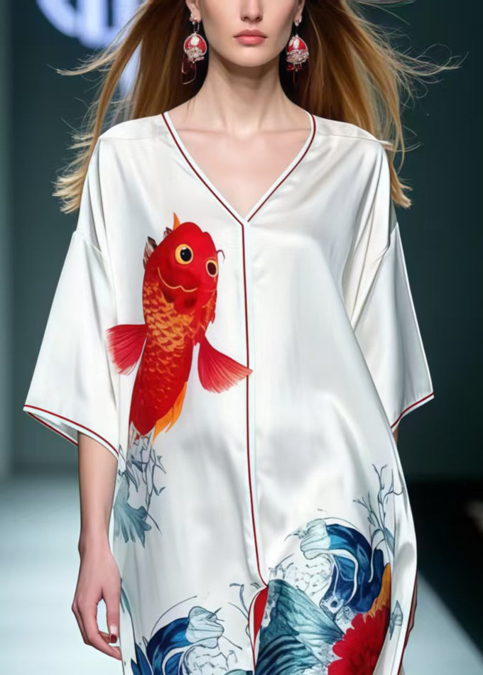 Boho White Print Low High Design Silk Dresses Summer