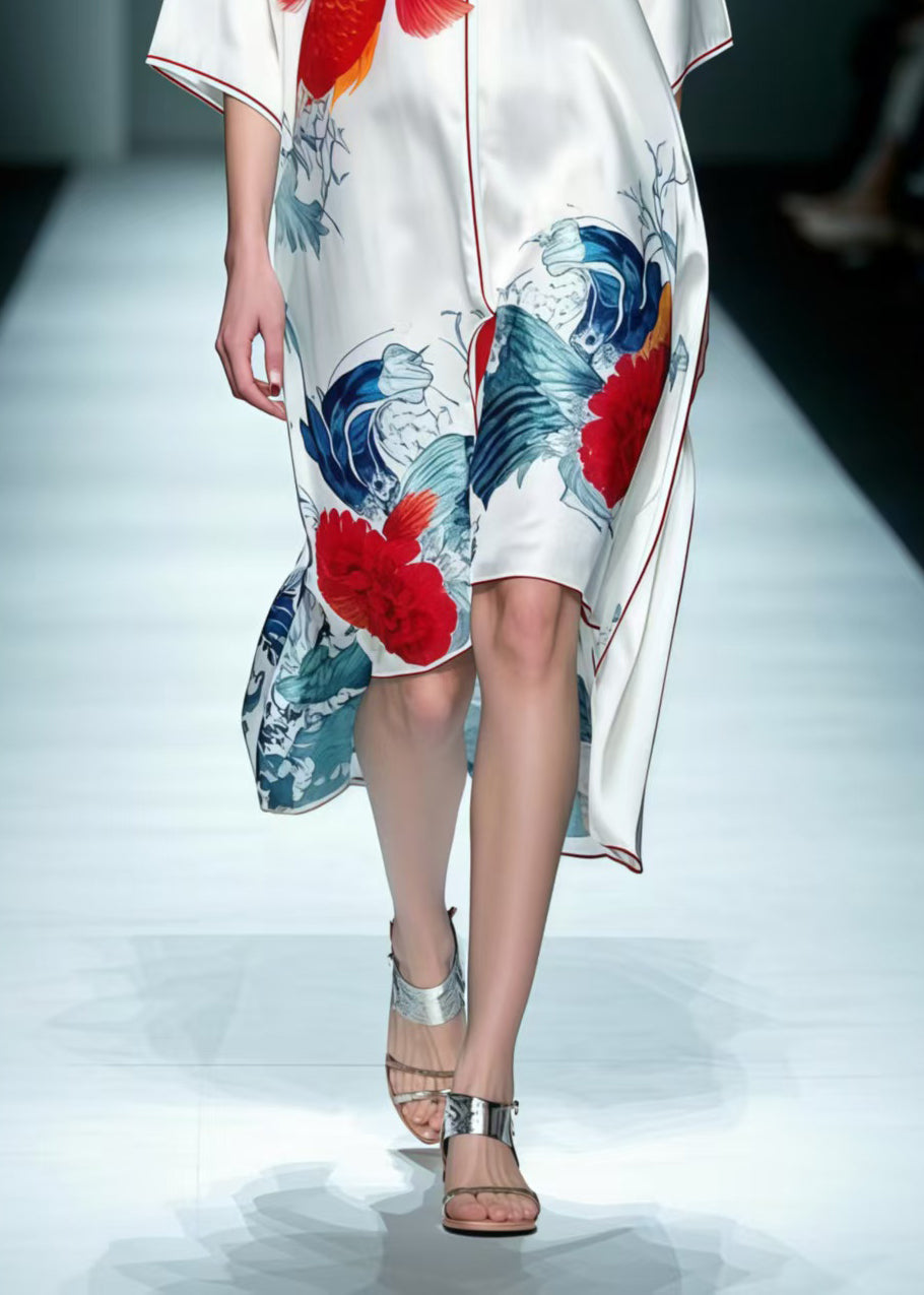 Boho White Print Low High Design Silk Dresses Summer