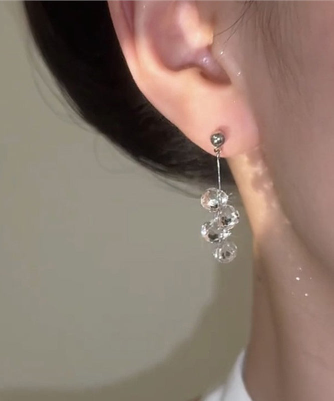 Boho White Sterling Silver Glass Tassel Drop Earrings