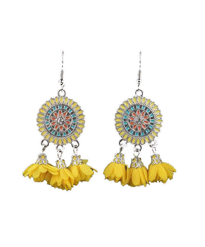 Boho Yellow Sterling Silver Floral Tassel Drop Earrings