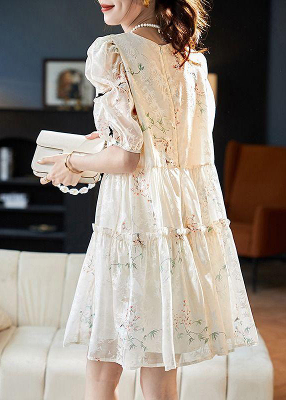 Boutique Apricot O-Neck Print Silk Mid Dress Summer