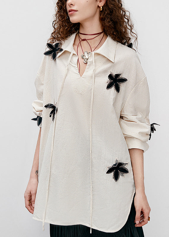 Boutique Beige Peter Pan Collar Floral Cotton Top Fall