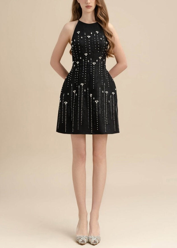 Boutique Black Nail Bead Zircon Cotton Mid Dress Sleeveless