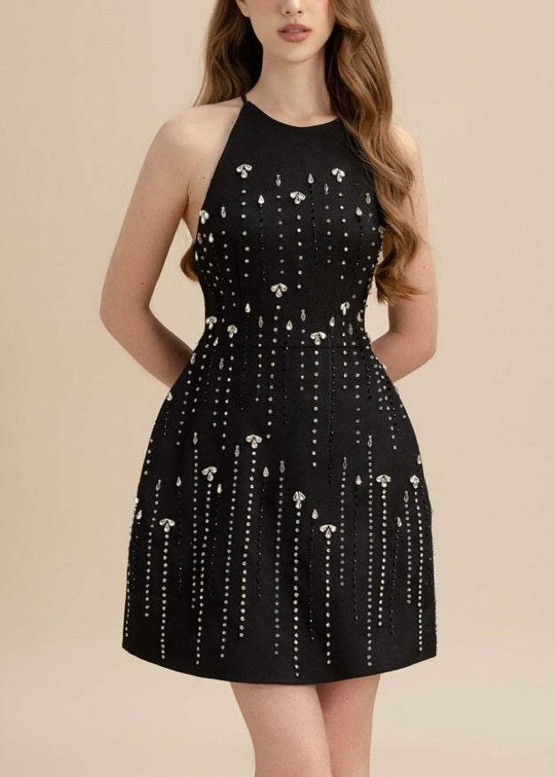 Boutique Black Nail Bead Zircon Cotton Mid Dress Sleeveless