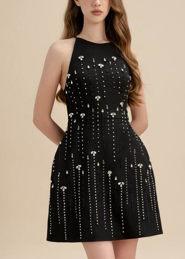Boutique Black Nail Bead Zircon Cotton Mid Dress Sleeveless