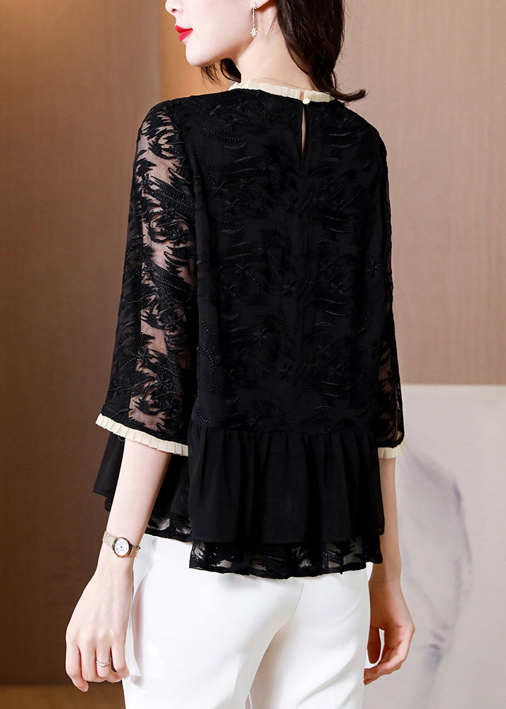 Boutique Black O-Neck Embroidered Silk Shirt Top Summer