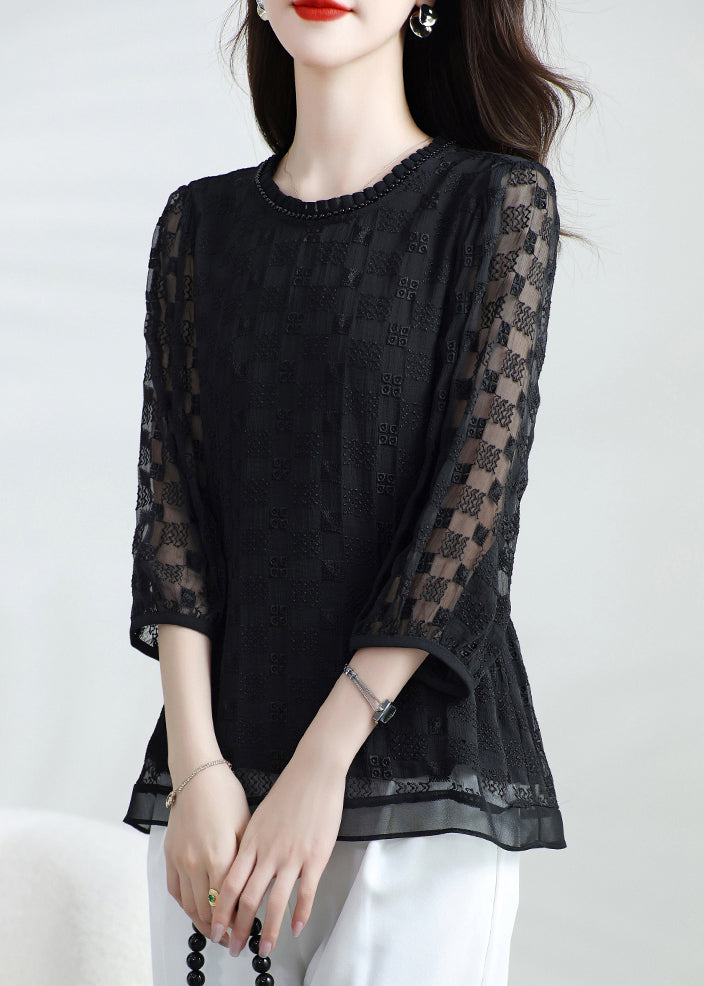 Boutique Black O Neck Embroidered Silk T Shirt Top Bracelet Sleeve