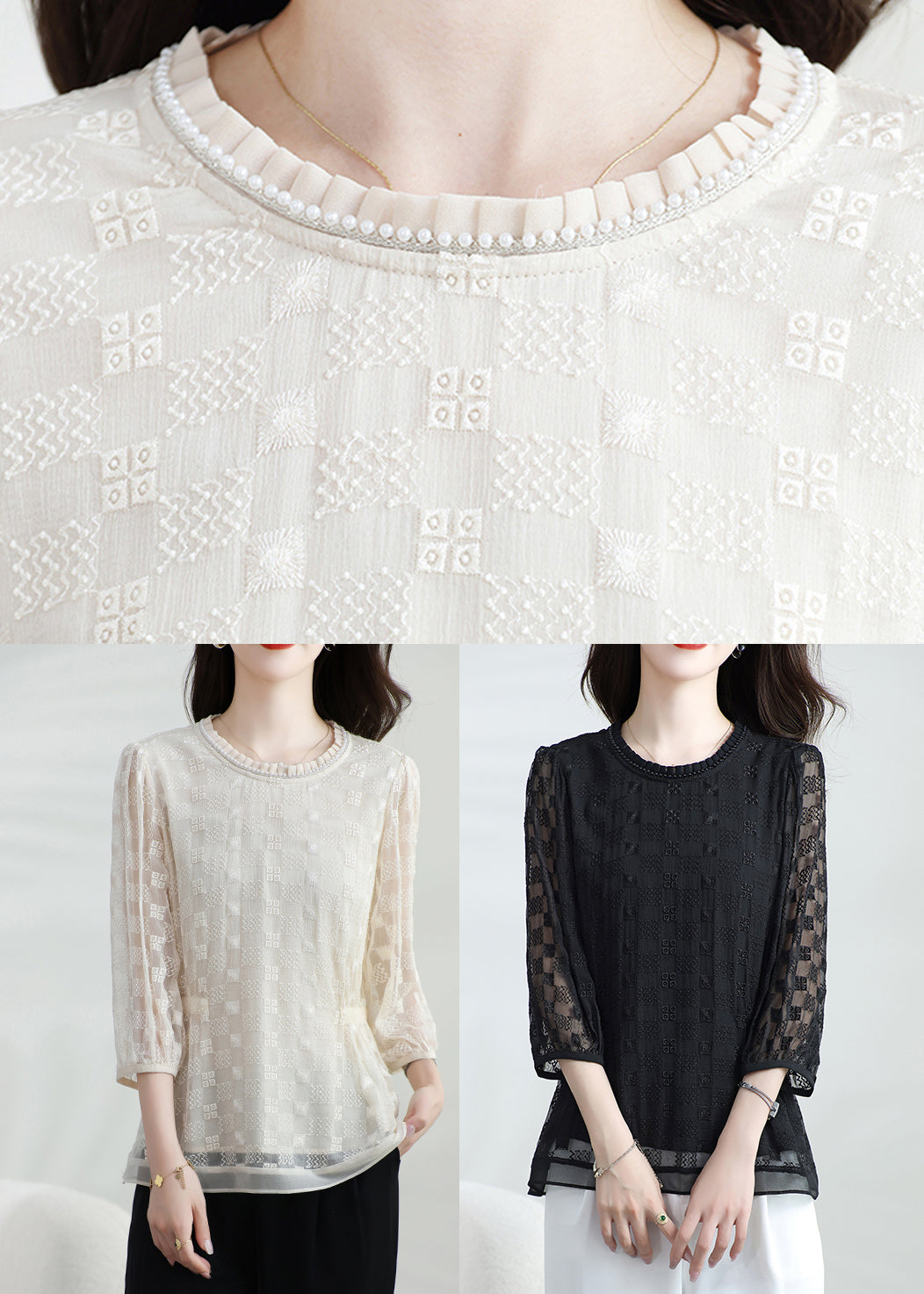 Boutique Black O Neck Embroidered Silk T Shirt Top Bracelet Sleeve