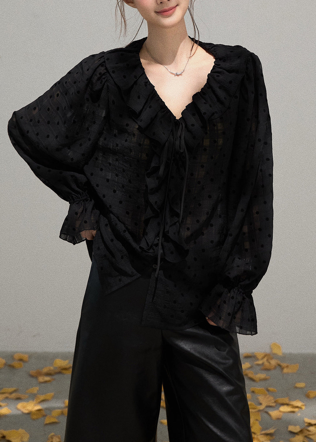 Boutique Black Ruffled Oversized Cotton Blouse Tops Fall