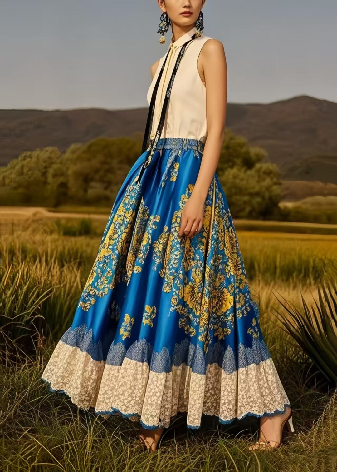 Boutique Blue Print Exra Large Hem Silk Skirt Spring