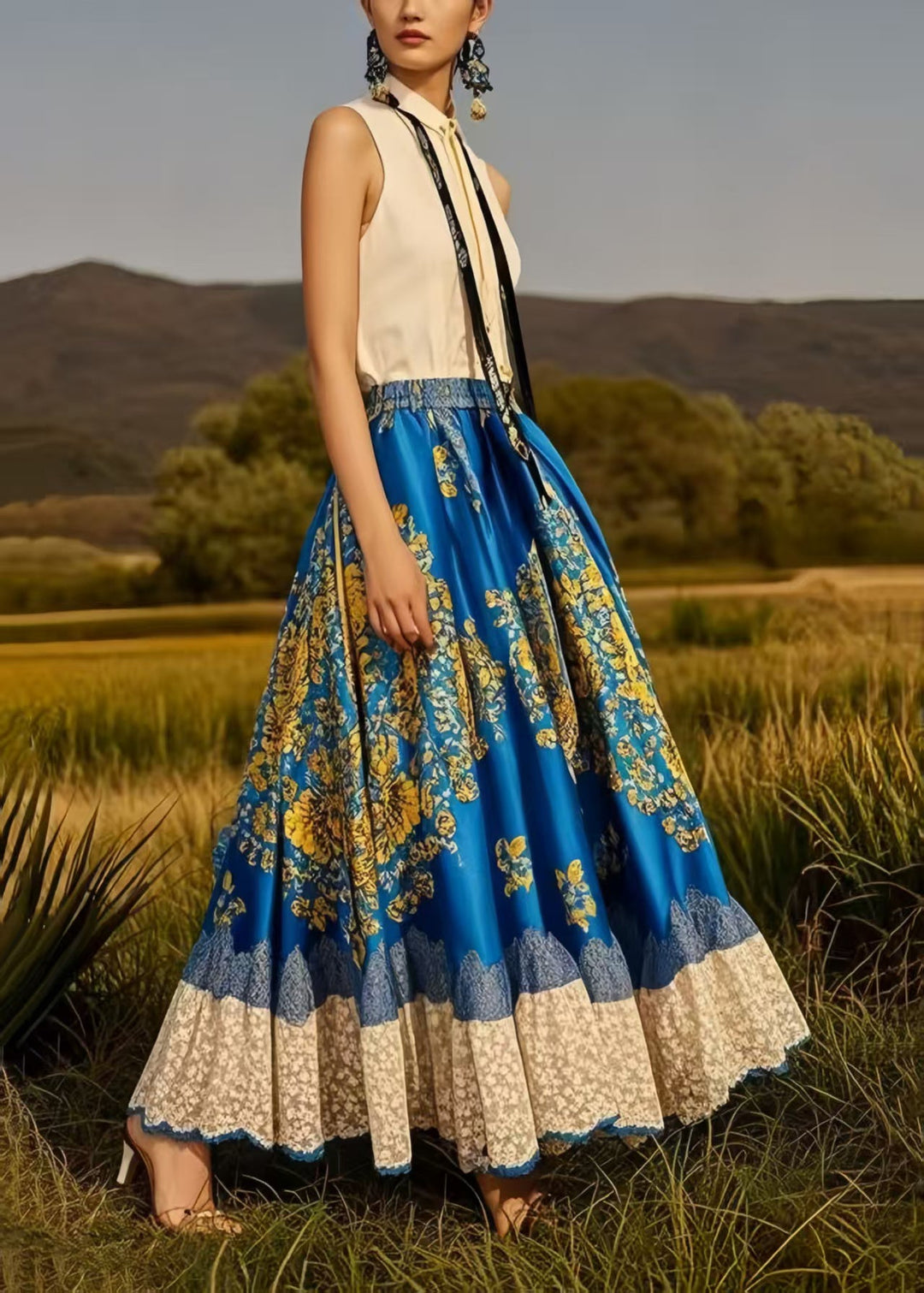 Boutique Blue Print Exra Large Hem Silk Skirt Spring