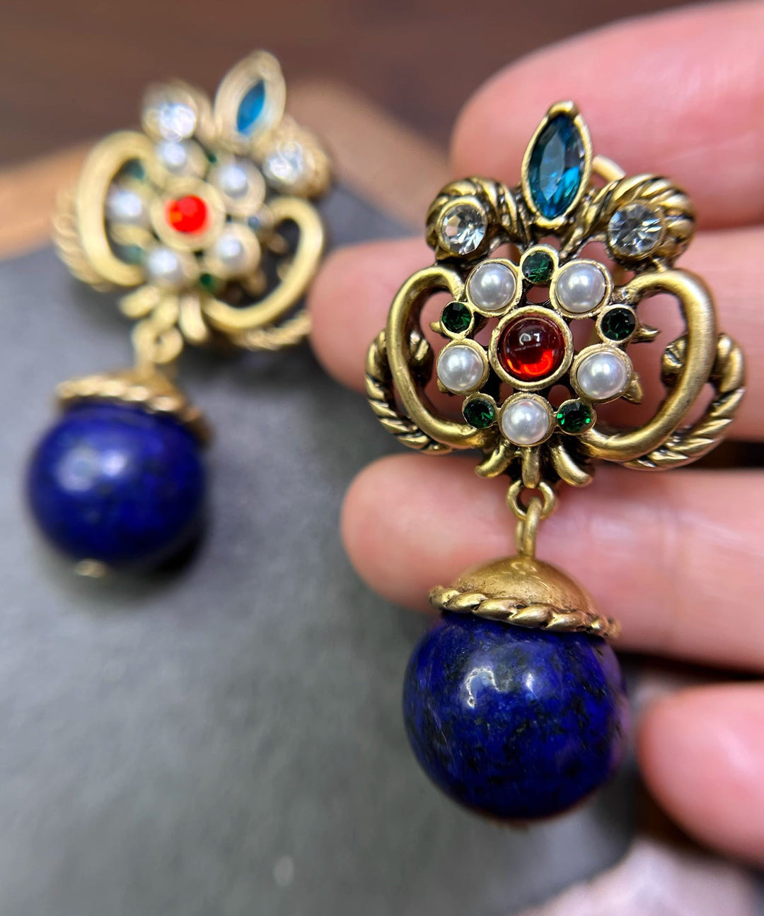 Boutique Blue Sterling Silver Overgild Fleur-De-Lis Gem Stone Drop Earrings