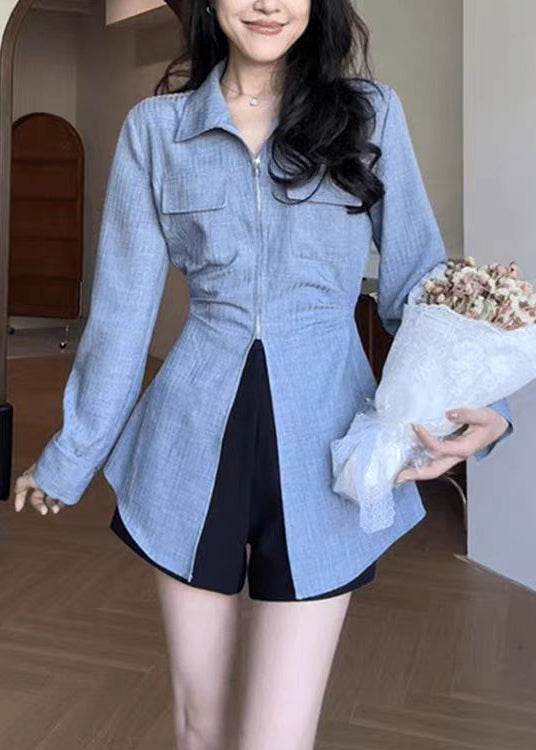 Boutique Blue Zip Up Patchwork Front Open Denim Shirt Tops Fall