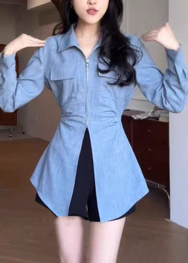 Boutique Blue Zip Up Patchwork Front Open Denim Shirt Tops Fall