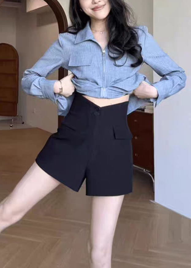 Boutique Blue Zip Up Patchwork Front Open Denim Shirt Tops Fall